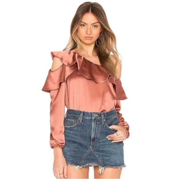 REVOLVE Tops - REVOLVE Krisa Asymmetrical Ruffle L/S Satin Style Blouse in Copper. Medium. NWT!